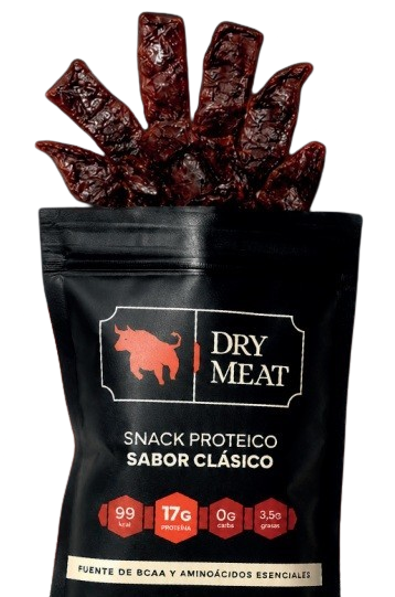 Pack de DryMeat sabor clásico abierto, con tiras de carne deshidratada